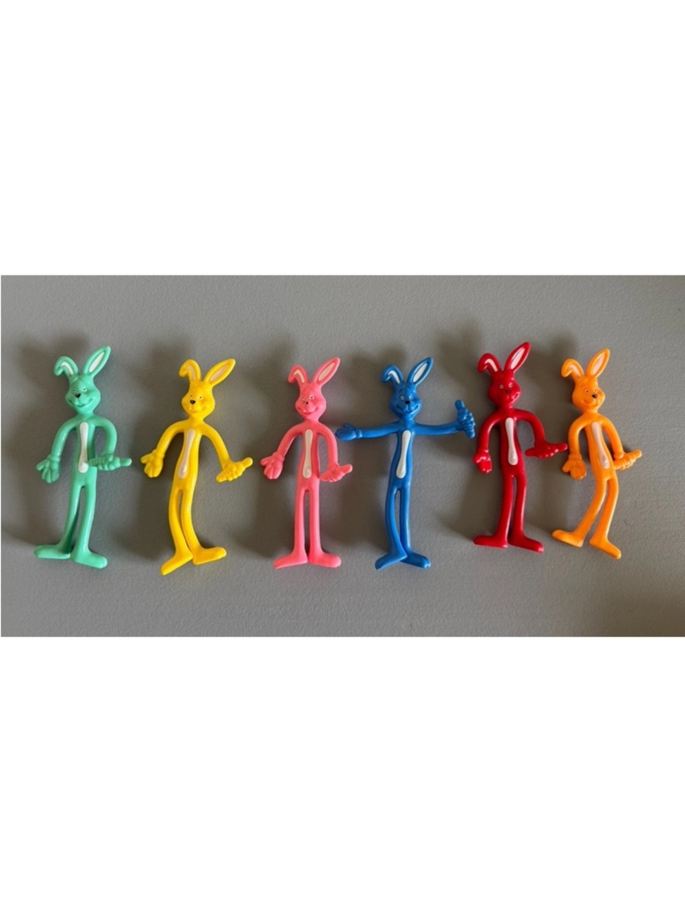 Vintage 1980s Bendy Bunny Rabbit Bendable Toy Lot Set of 6 Rainbow Mixed Colors